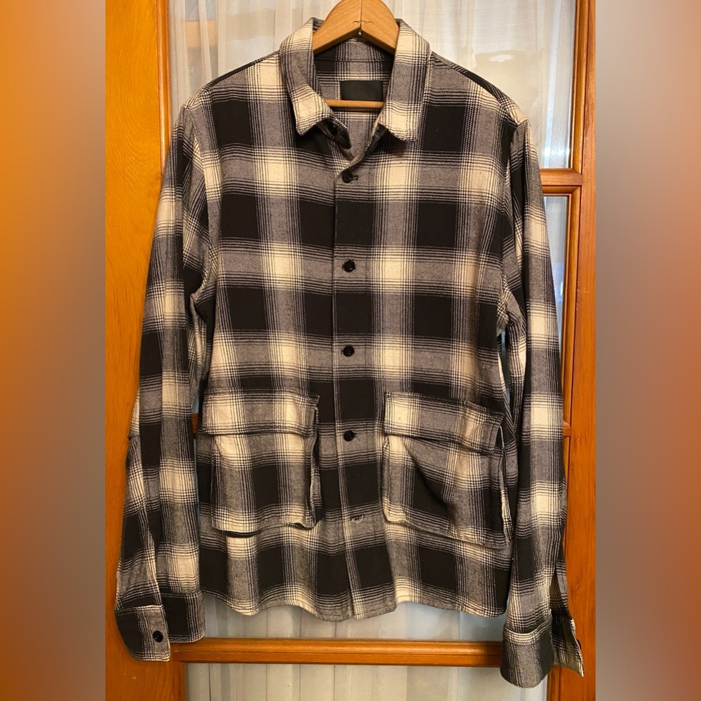 RtA Black and Cream Plaid Cotton Flannel Work Shirt Jacket Size M